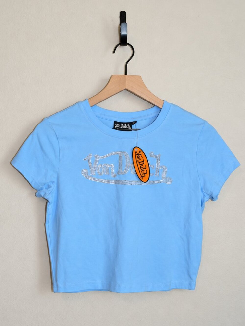 NWT Von Dutch Baby Blue Rhinestone Logo Cropped Baby Tee Y2K McBling